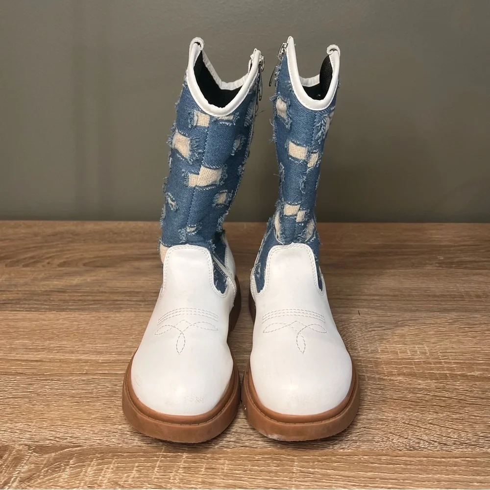 Girls White & Denim Distressed Zip Boots – Size 1